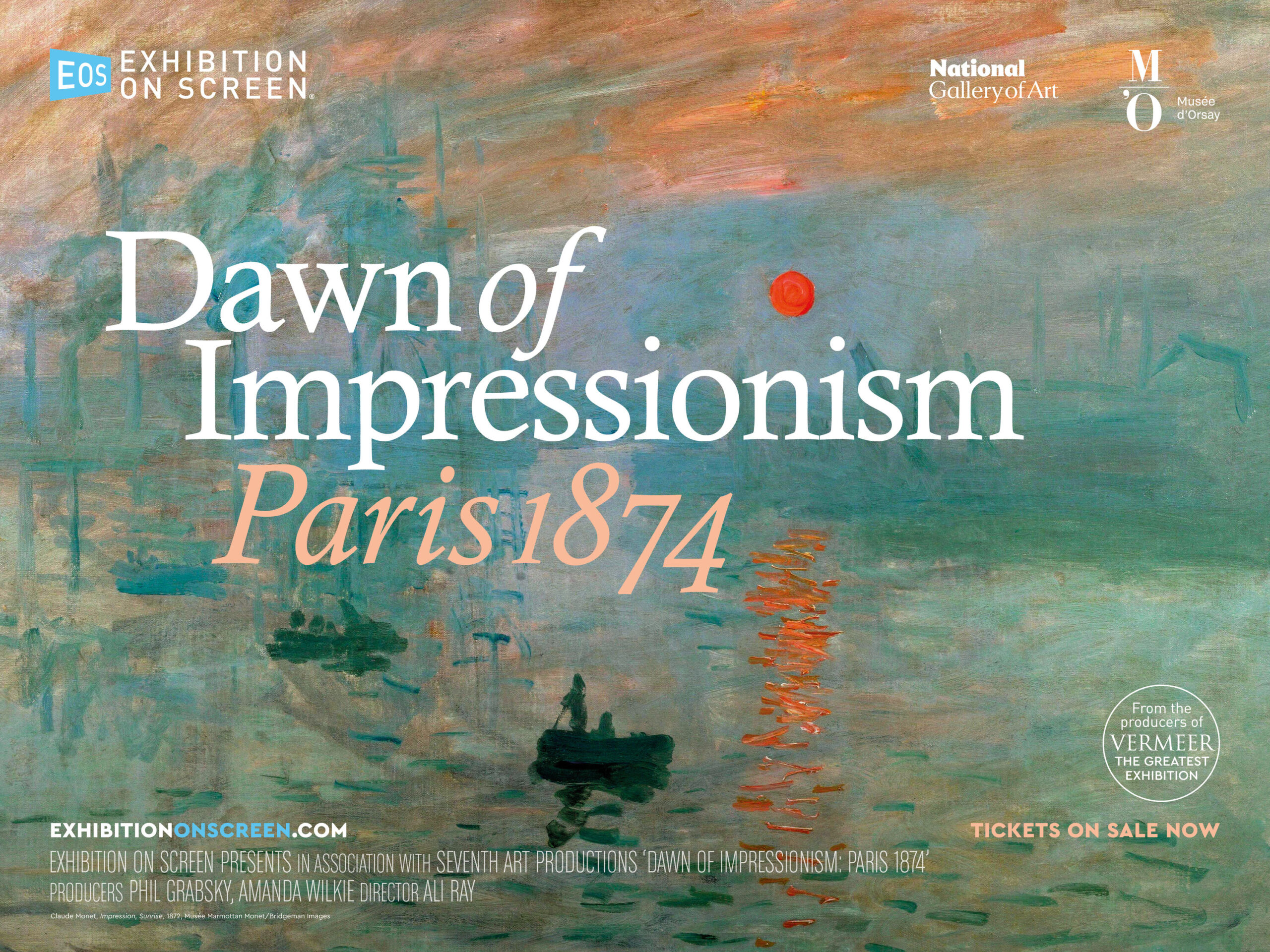 Painting of a boat on a river with the text Dawn of Impressionism Paris 1874